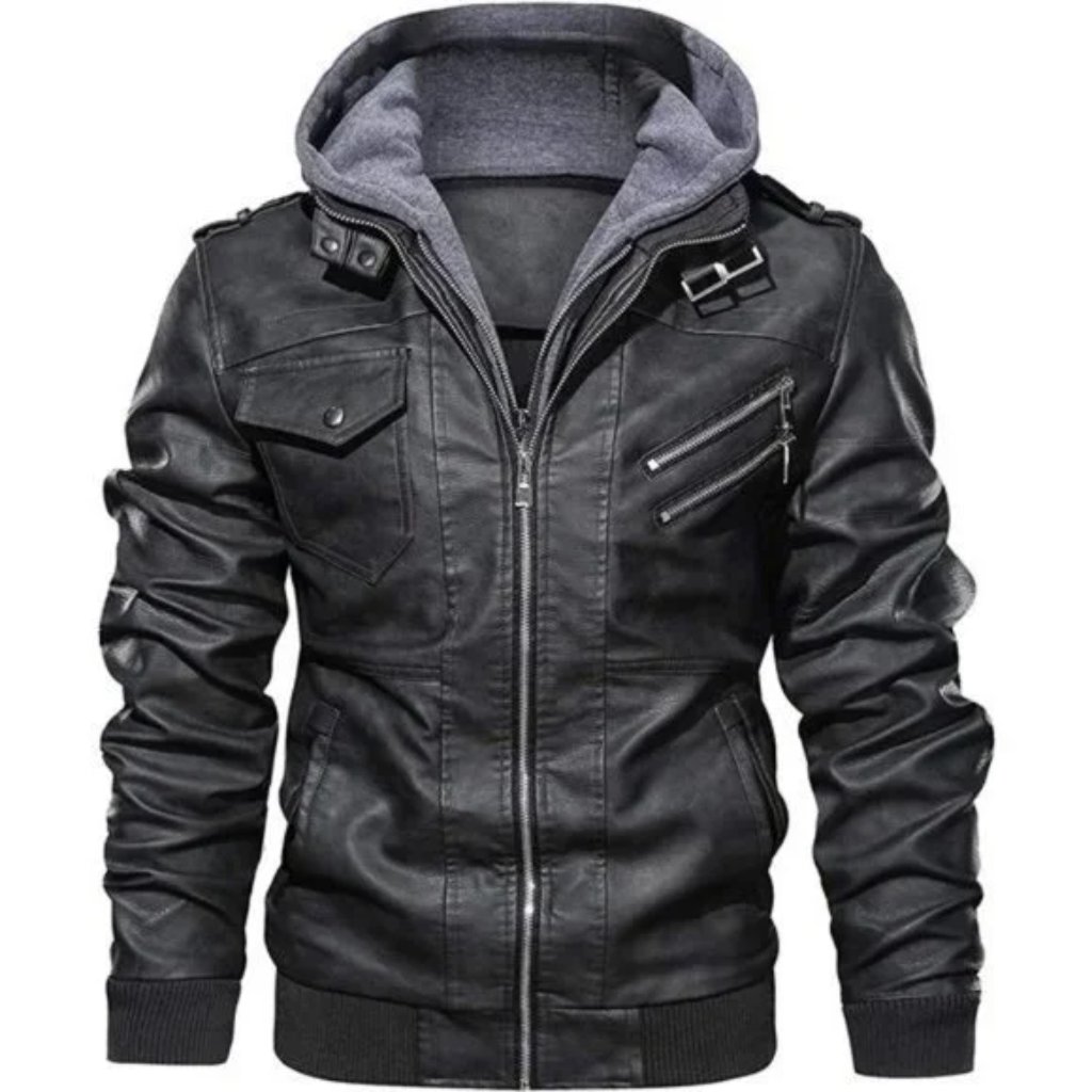 Men’s Casual Stand Collar Pu Faux Leather Black